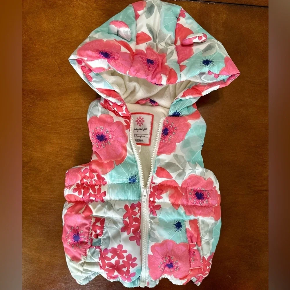 VTG Y2K Gymboree Floral Puffer Vest 6-12 Months Baby Girl Floral Hooded Zips